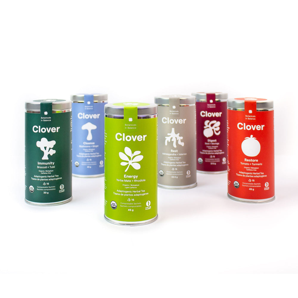 Clover All 6 Blends adaptogenic herbal tea steel canisters, adaptogens for stress relief