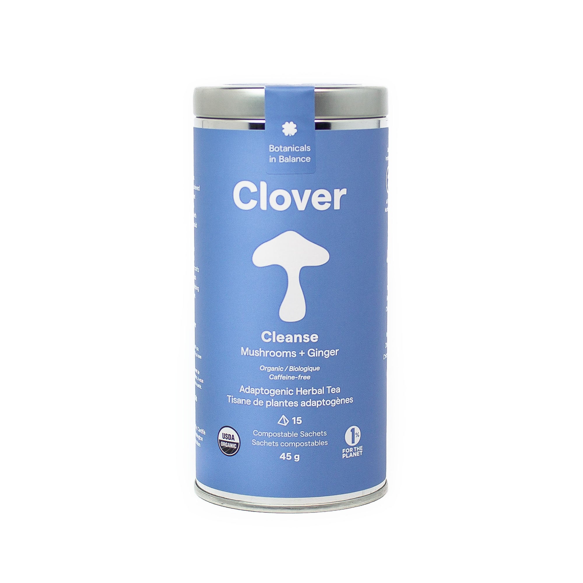 Clover Cleanse Mushrooms + Ginger adaptogenic herbal tea steel canister, adaptogens for detox