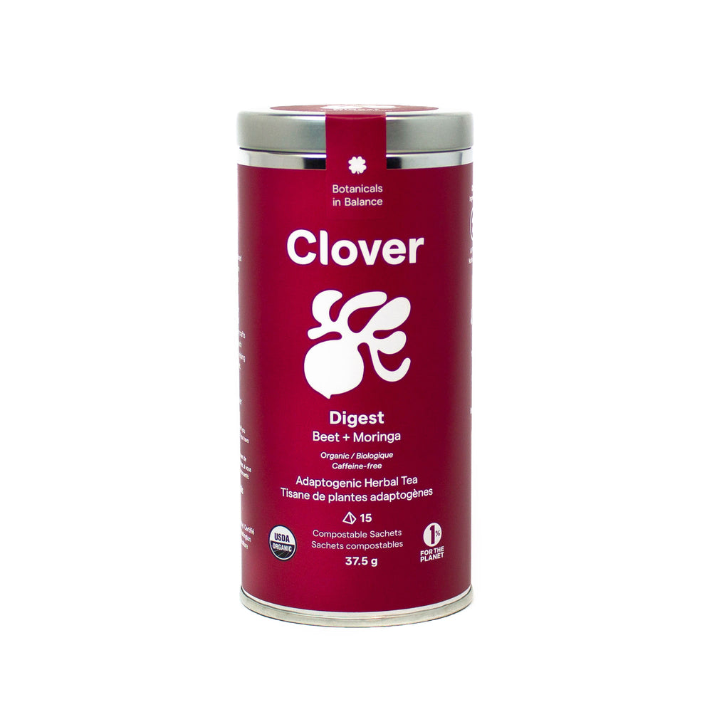 Clover Digest Beet + Moringa adaptogenic herbal tea steel canister, adaptogens for digestion