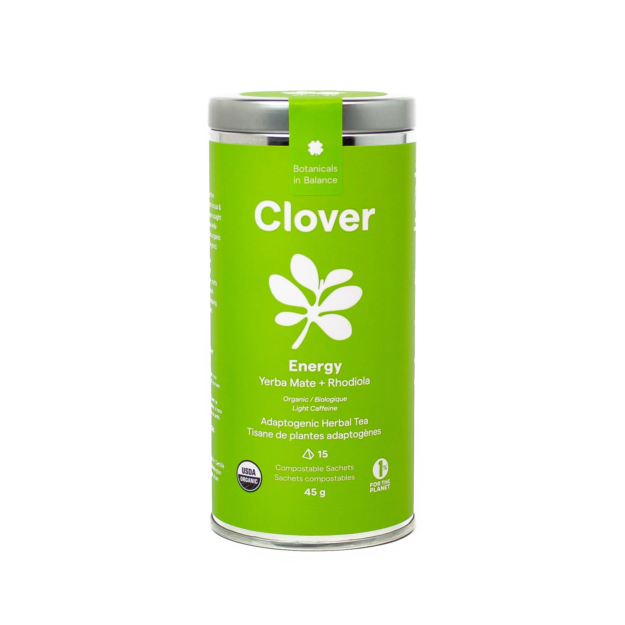 Clover Energy Yerba Mate + Rhodiola adaptogenic herbal tea steel canister, adaptogens for natural energy boost