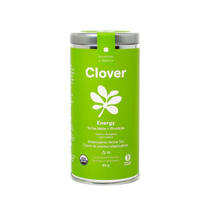 Clover Energy Yerba Mate + Rhodiola adaptogenic herbal tea steel canister, adaptogens for natural energy boost