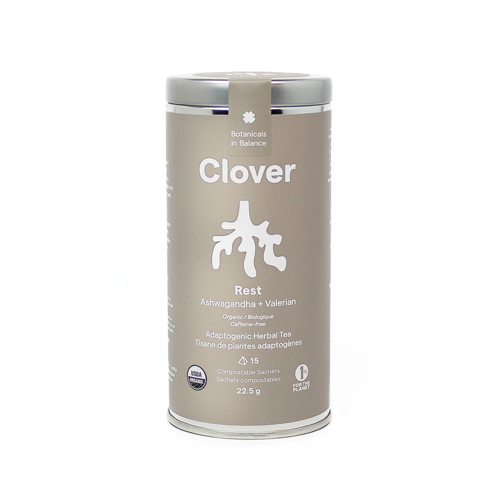 Clover Rest Ashwagandha + Valerian adaptogenic herbal tea steel canister, adaptogens for stress relief