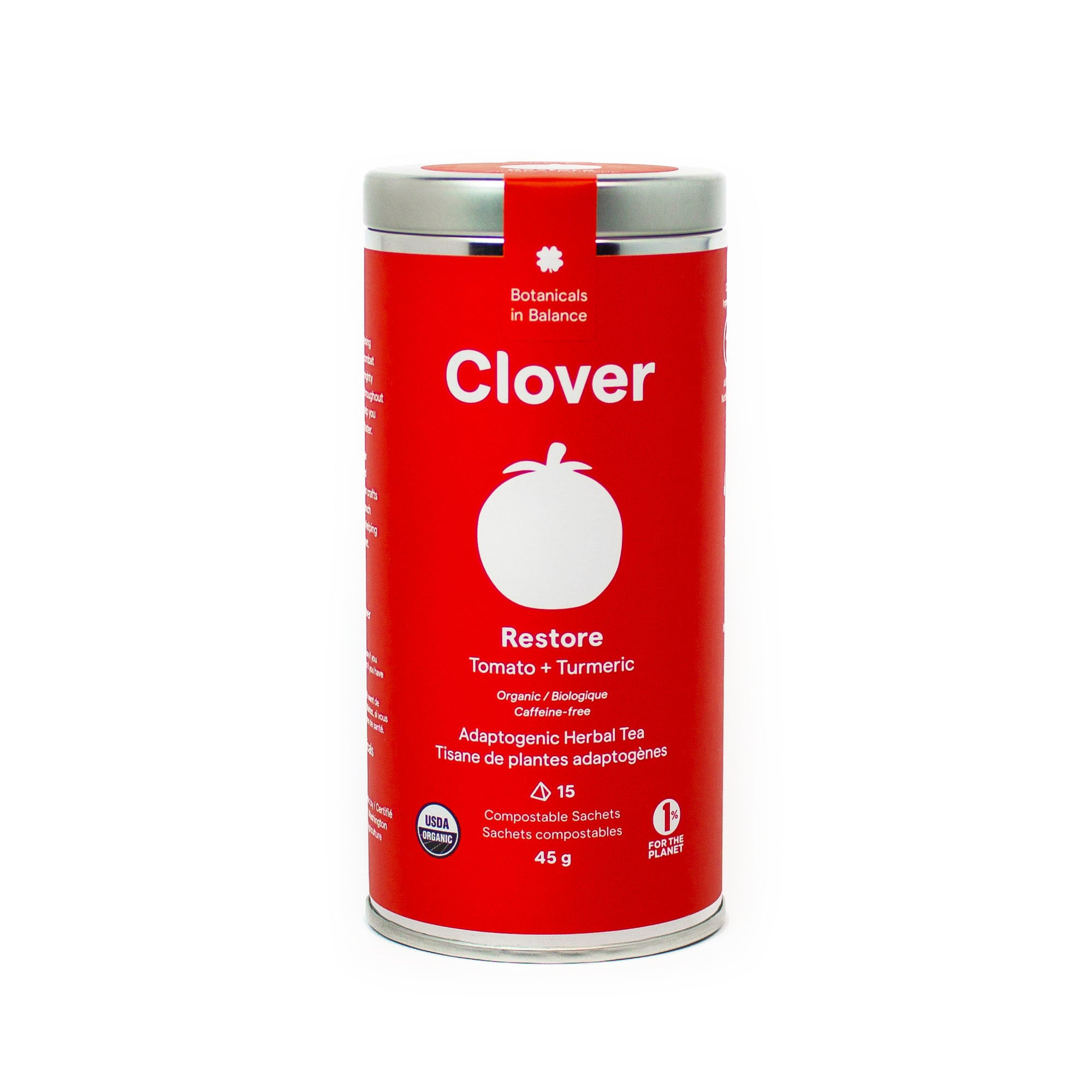 Clover Restore Tomato + Turmeric adaptogenic herbal tea steel canister, adaptogens for inflammation