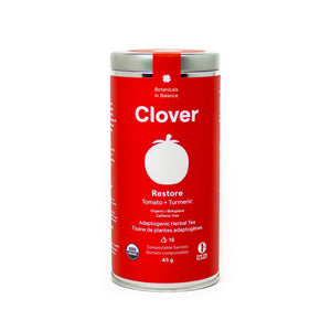 
            
                Load image into Gallery viewer, Clover Restore Tomato + Turmeric adaptogenic herbal tea steel canister, adaptogens for inflammation
            
        